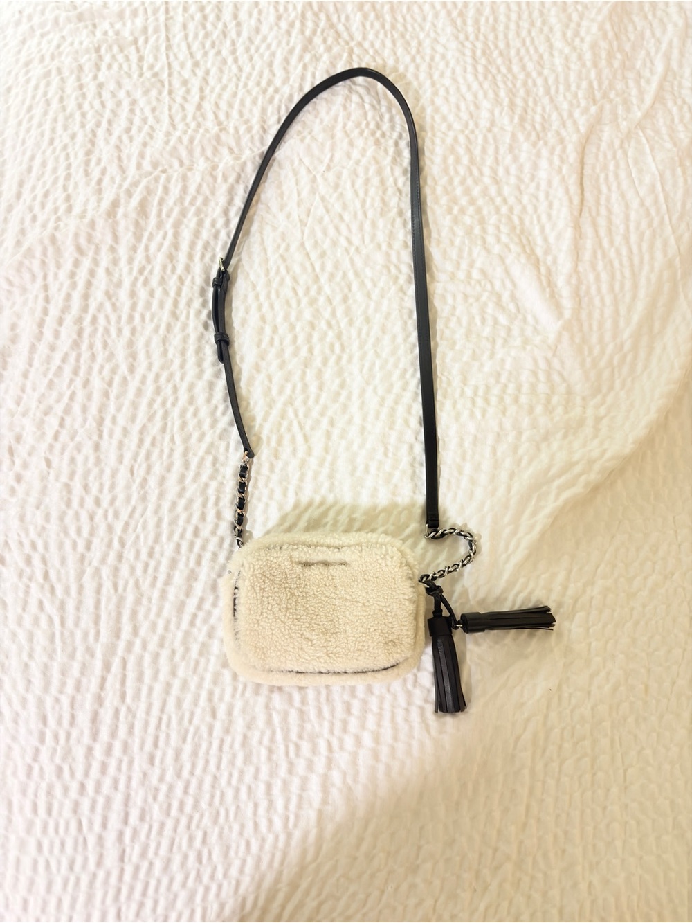 Michael Kors Cream Shearling Crossbody with Black Strap
